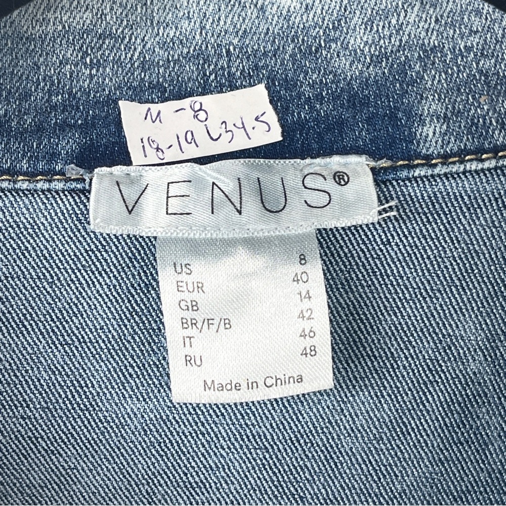 VENUS Blue Denim Dress Button Down Stretchy Midi Tie Waist Puff Sleeve Size 8 - Picture 3 of 8